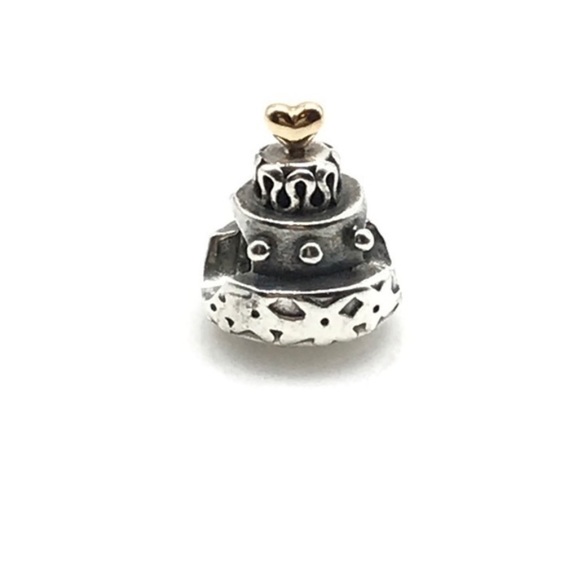 Pandora 925 & 14K Yellow Gold Two Tone Rare Retired Birthday Cake Bead Charm - Picture 2 of 5